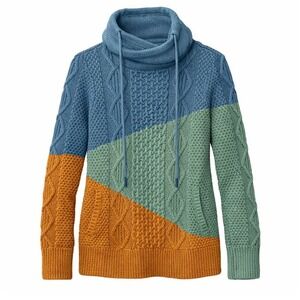 LL Bean Signature Colorblock Funnelneck Cotton Cable Sweater Size XS